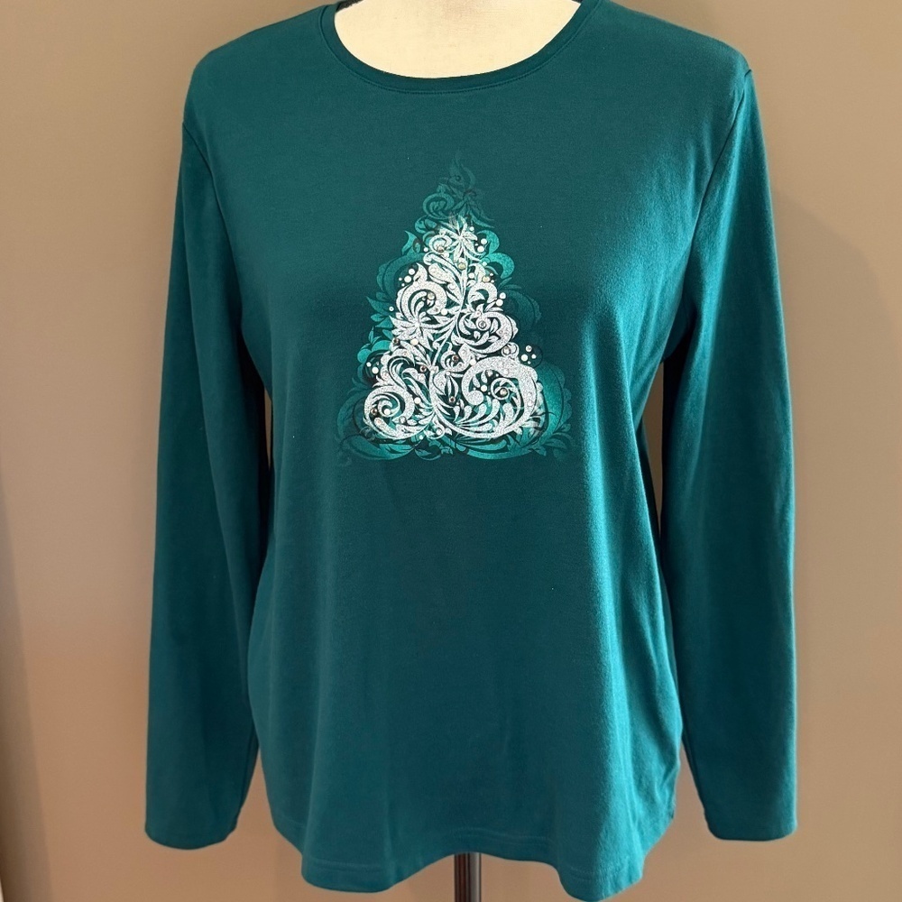 Croft & Barrow Women's Green Embellished Christmas Tree Long Sleeve, Size Large